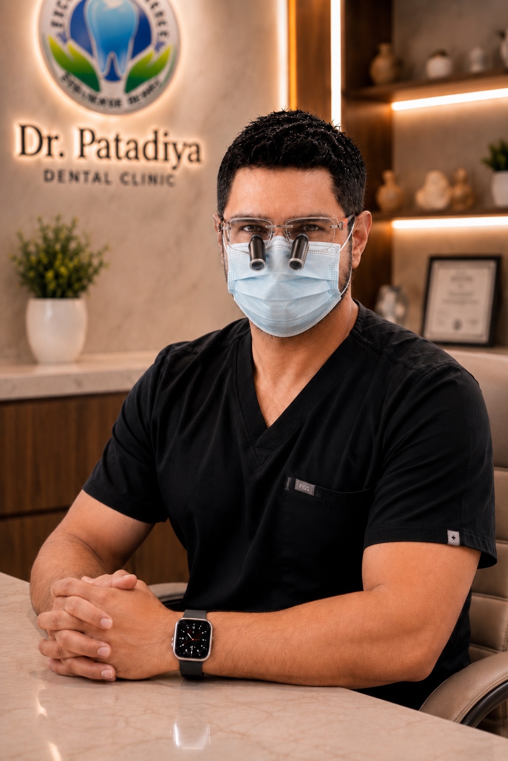 Dr. M. M. Patadiya with surgical dental loupes at Dr. Patadiya Dental Clinic Gandhinagar