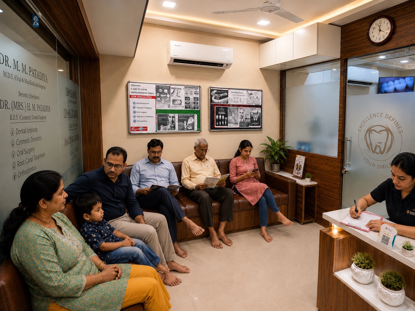 Patient waiting and reception area at Dr. Patadiya Dental Clinic Gandhinagar